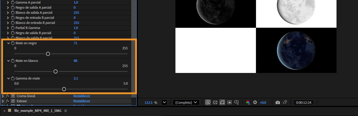 El panel Controles de efectos está abierto y las propiedades Mate en negro, Mate en blanco y Gama de mate se expanden.Cada una tiene un control deslizante que puedes usar para ajustar su configuración respectiva.