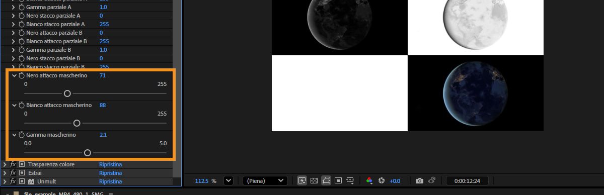 Il pannello Controlli effetti è aperto e le proprietà Mascherino in Nero, Mascherino in Bianco e Gamma Mascherino sono espanse.Ognuna ha un cursore che puoi utilizzare per regolare la rispettiva impostazione.