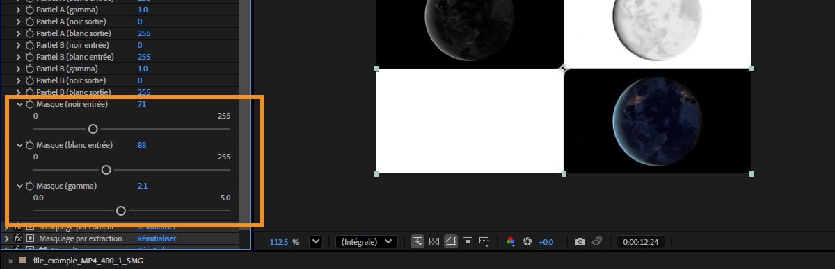 Le panneau Options d’effet est ouvert, et les propriétés Masque (noir entrée), Masque (blanc entrée) et Masque (gamma) sont développées.Chacune dispose d’un curseur que vous pouvez utiliser pour ajuster son paramètre respectif.