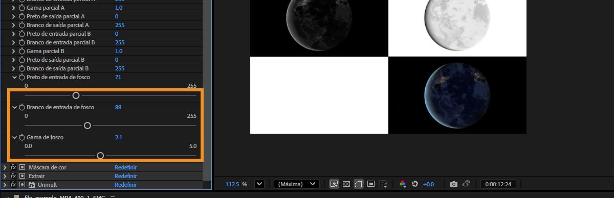 O painel “Controles do efeito” está aberto, com as propriedades “Fosco em preto”, “Fosco em branco” e “Gama do fosco” expandidas. Cada uma tem um controle deslizante que você pode usar para ajustar sua respectiva configuração.