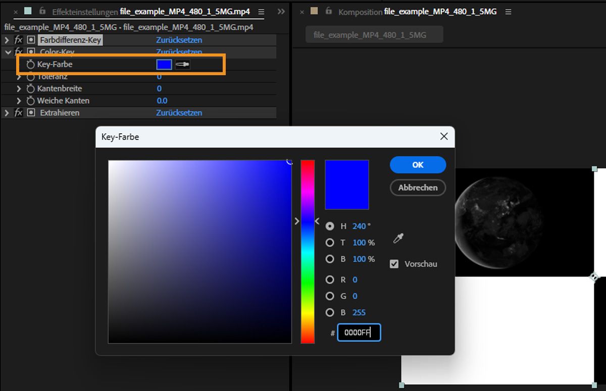 Lege eine Key-Farbe fest, indem du das Farbfeld „Key-Farbe“ oder die Pipette verwendest, um eine Farbe auf dem Bildschirm auszuwählen.