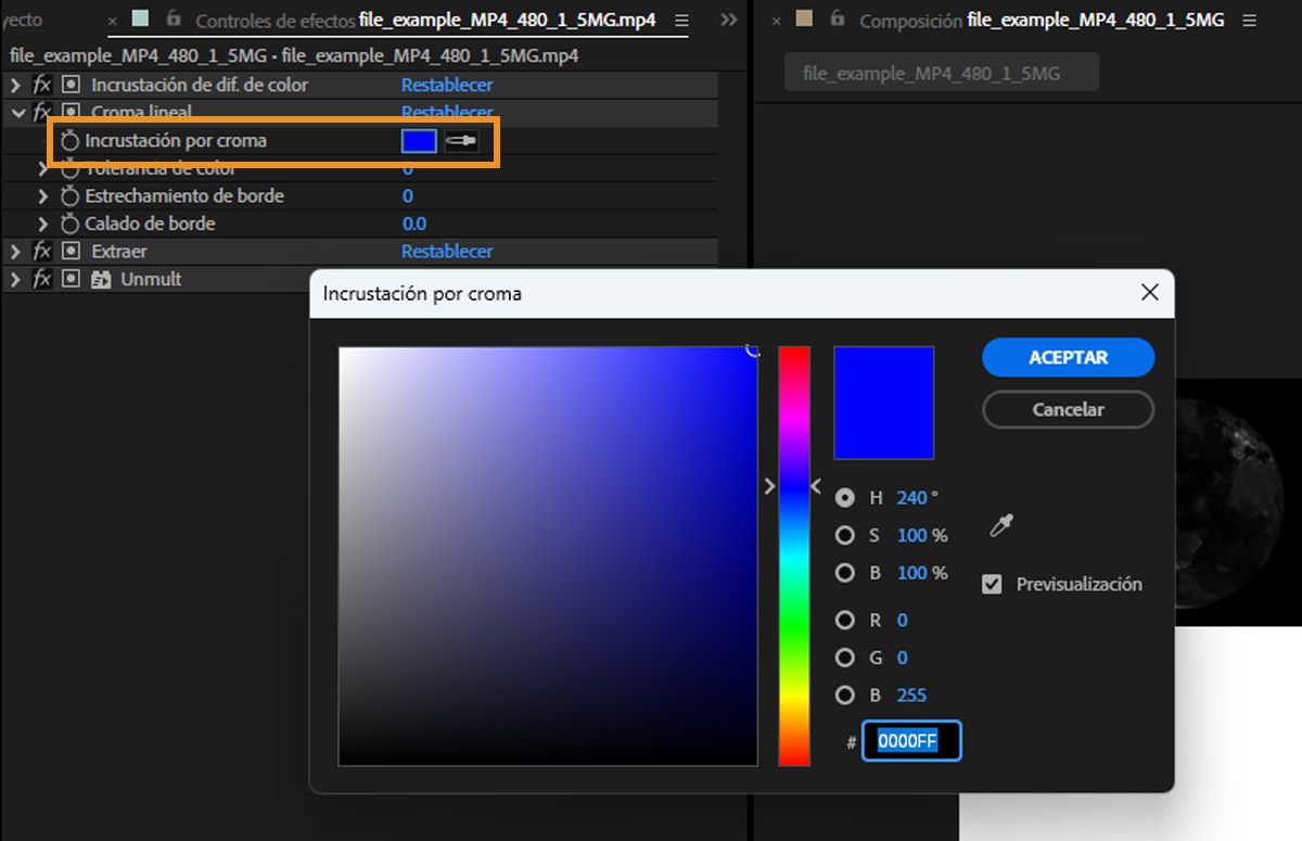 Especifique una incrustación por coma usando la muestra Incrustación por coma o el cuentagotas para seleccionar un color en la pantalla.