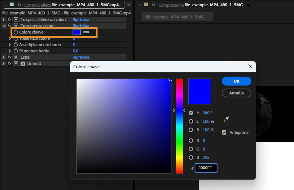 Specifica un colore chiave utilizzando il campione Colore chiave o il contagocce per selezionare un colore sullo schermo.