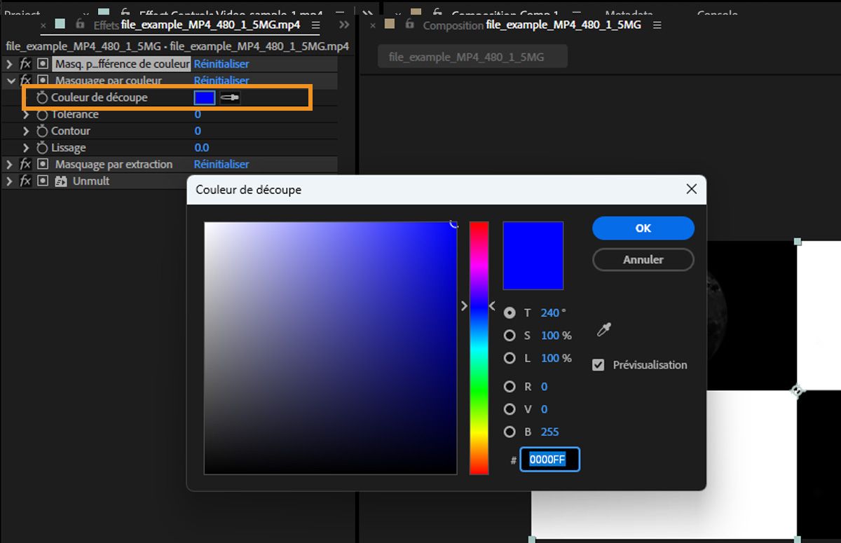 Spécifiez une couleur de découpe à l’aide de la nuance de découpe ou de la pipette pour sélectionner une couleur à l’écran.