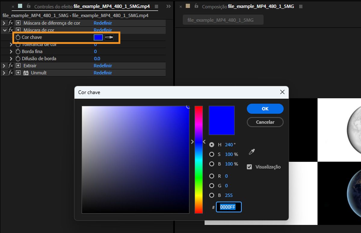 Especifique uma cor da chave, usando a amostra de cor da chave ou o conta-gotas para selecionar uma cor na tela.