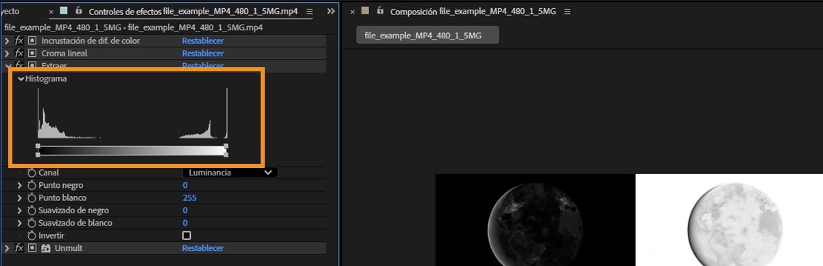 El histograma muestra una representación de los niveles de brillo de la capa, indicando el número relativo de píxeles en cada nivel.