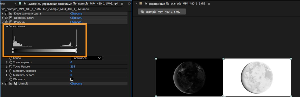 Гистограмма отображает представление уровней яркости в слое и относительное число пикселей на каждом уровне.