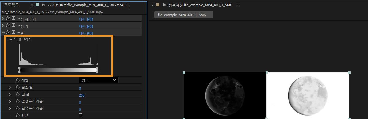 이 막대 그래프는 레이어의 명도 레벨을 각 레벨의 상대적인 픽셀 수로 표시합니다.