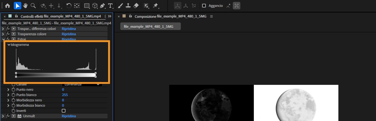 L’istogramma visualizza una rappresentazione del livello di luminosità del livello, mostrando il numero relativo di pixel a ogni livello.