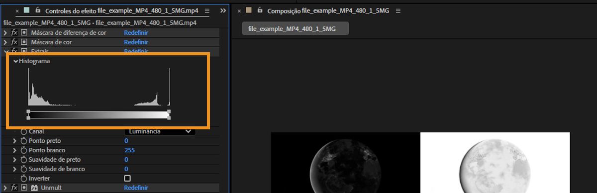 O histograma exibe uma representação dos níveis de brilho da camada, indicando o número relacionado de pixels em cada nível.