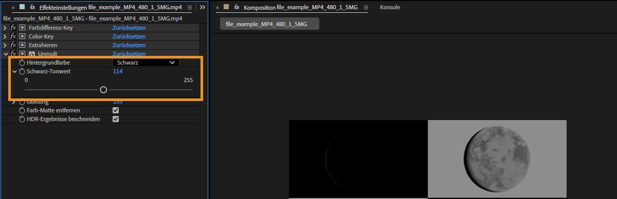 Das Bedienfeld „Effekteinstellungen“ zeigt die Eigenschaft der Hintergrundfarbe an und enthält den Regler „Schwarz-Tonwert“ zur Bearbeitung dunkler Bereiche der ausgewählten Ebene.