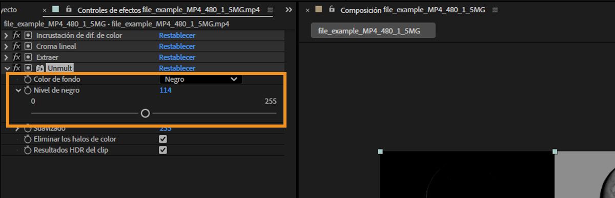 El panel Controles de efectos muestra la propiedad Color de fondo y el regulador Nivel de negro para trabajar con áreas oscuras de la capa seleccionada.