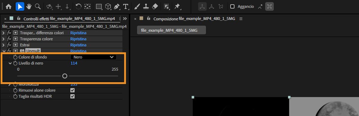 Il pannello Controlli effetti mostra la proprietà Colore di sfondo e il cursore Livello di nero per utilizzare le aree scure del livello selezionato.