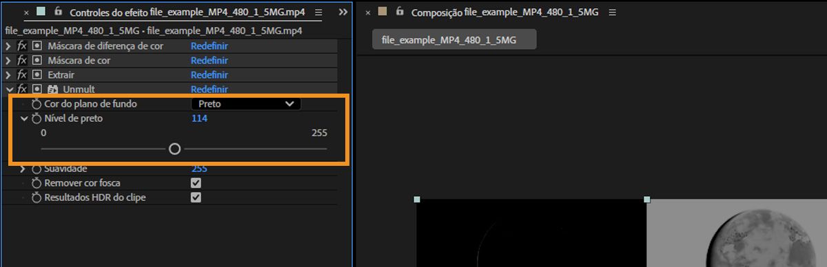 O painel “Controles do efeito” mostra a propriedade “Cor do fundo” e o controle deslizante de “Nível de preto” para trabalhar com as áreas escuras da camada selecionada.