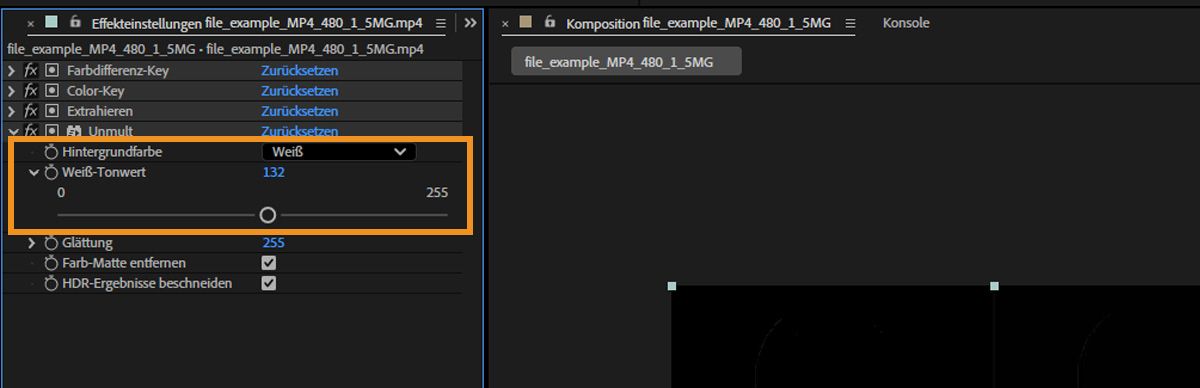 Das Bedienfeld „Effekteinstellungen“ zeigt die Eigenschaft der Hintergrundfarbe an und enthält den Regler „Weiß-Tonwert“ zur Bearbeitung heller Bereiche der ausgewählten Ebene.