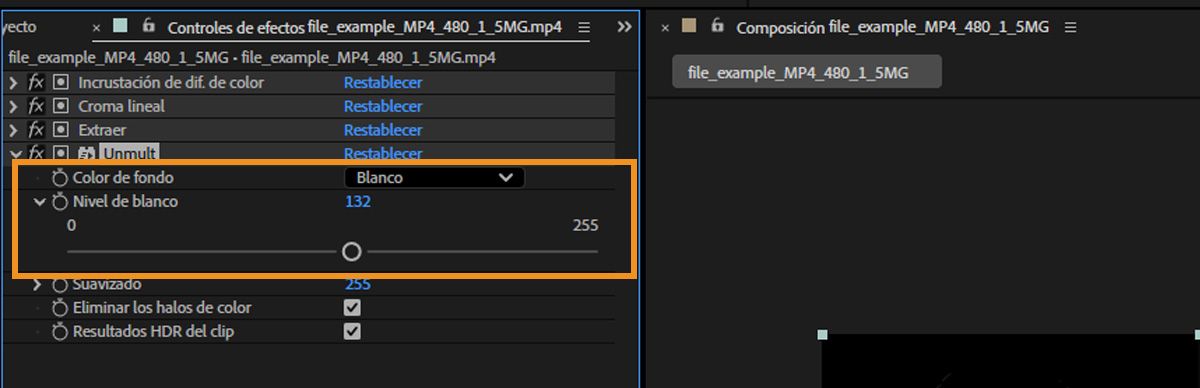 El panel Controles de efectos muestra la propiedad Color de fondo y el regulador Nivel de blanco para trabajar con áreas brillantes de la capa seleccionada.