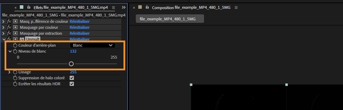 Le panneau Options d’effet affiche la propriété Couleur d’arrière-plan et le curseur Niveau de blanc, ce qui permet de travailler avec les zones claires du calque sélectionné.