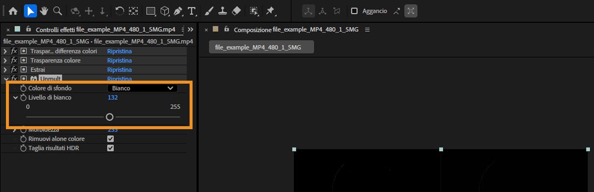Il pannello Controlli effetti mostra la proprietà Colore di sfondo e il cursore Livello di bianco per utilizzare le aree luminose del livello selezionato.