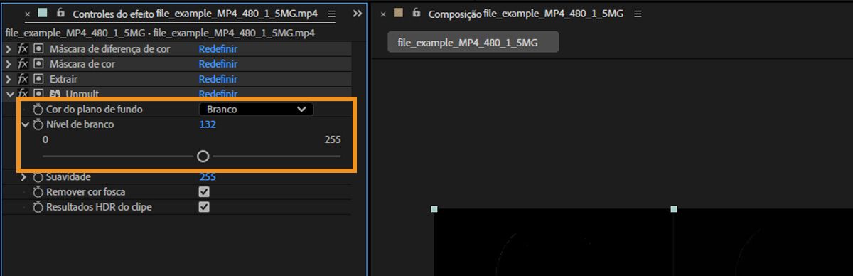 O painel “Controles do efeito” mostra a propriedade “Cor do fundo” e o controle deslizante de “Nível de branco” para trabalhar com as áreas claras da camada selecionada.