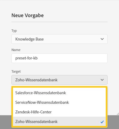 Wissensdatenbank-Ausgabevoreinstellung