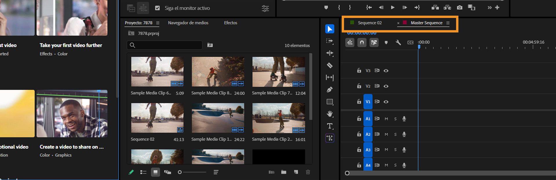 La interfaz de usuario muestra diferentes etiquetas de color en diferentes pestañas de secuencia en Adobe Premiere Pro.