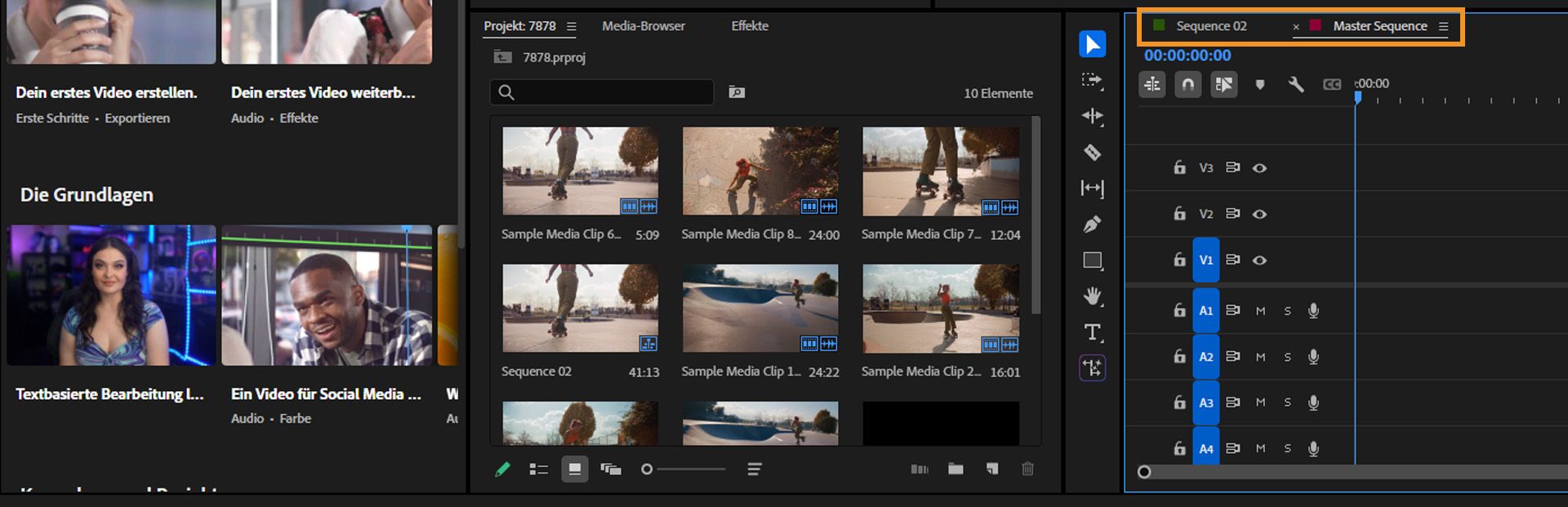 Die Benutzeroberfläche zeigt verschiedene Farbkennzeichnungen auf verschiedenen Sequenzregisterkarten in Adobe Premiere Pro an.