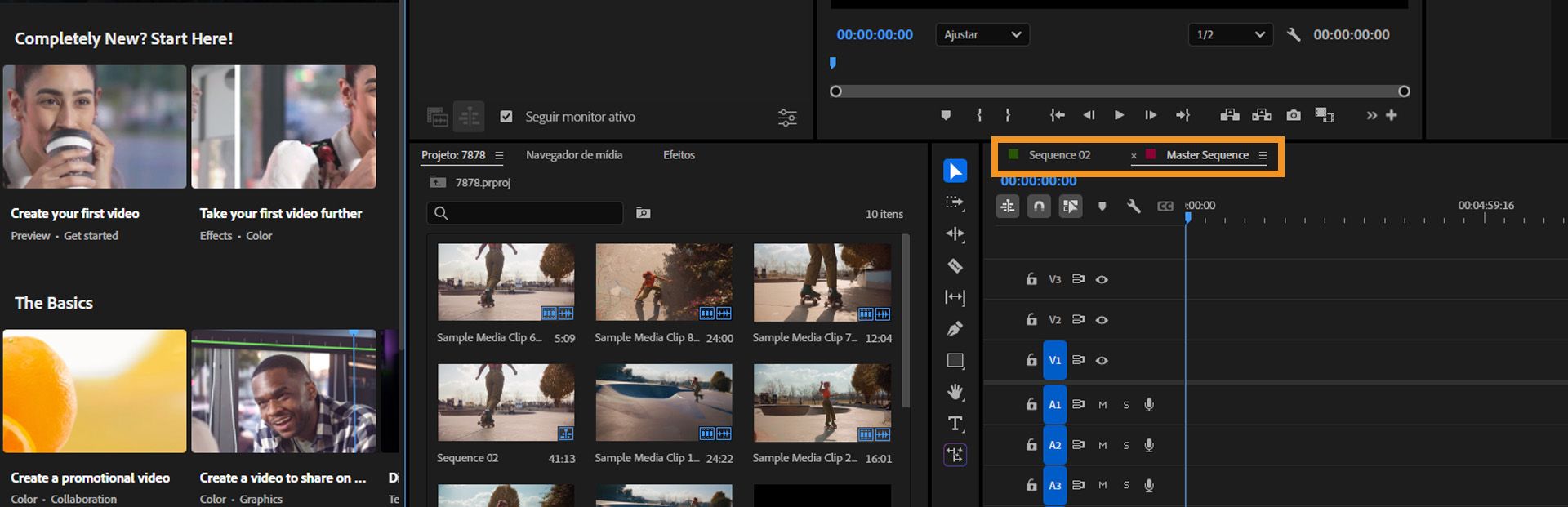 A interface mostra rótulos de cores diferentes para diferentes guias de sequência no Adobe Premiere Pro.