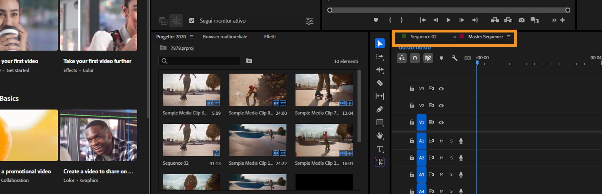L’interfaccia utente mostra i diversi colori delle etichette nelle diverse schede della sequenza in Adobe Premiere Pro.