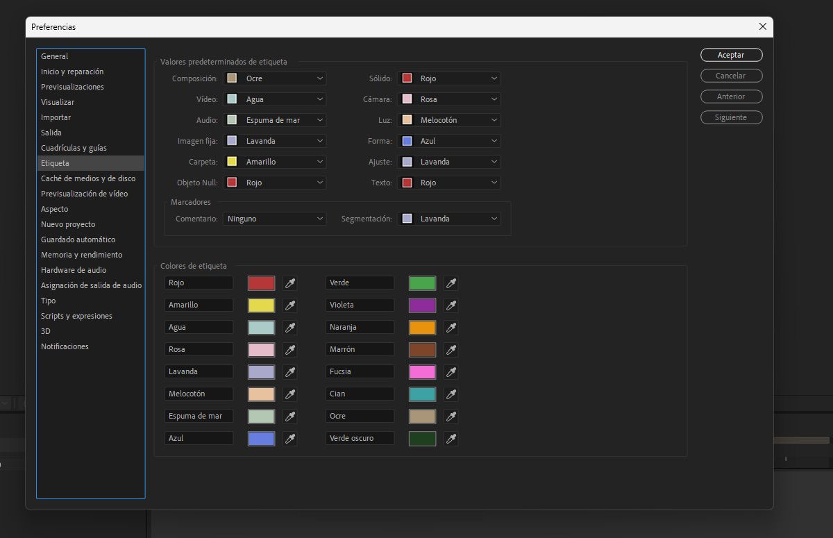 Se abre el cuadro de diálogo Preferencias, que tiene diferentes secciones, como Valores predeterminados de etiqueta, Marcadores y Colores de etiqueta. Todos los colores de las etiquetas aparecen con las muestras de color al lado.