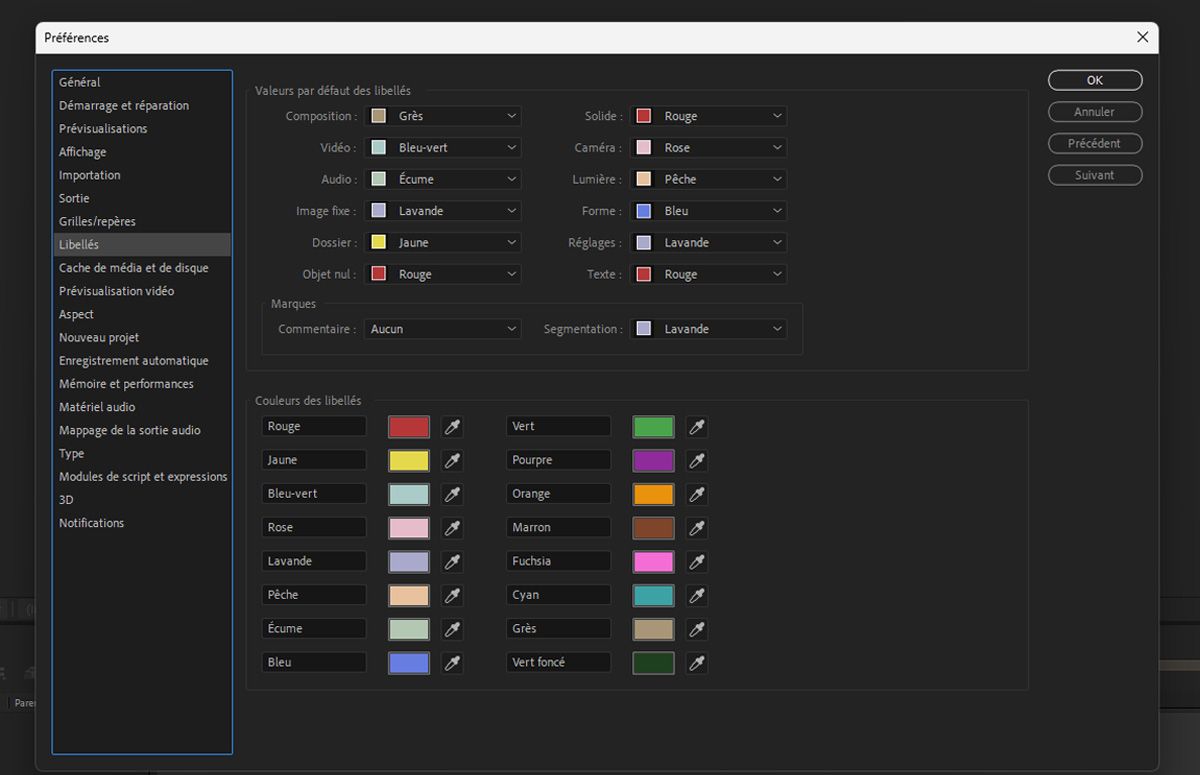 La boîte de dialogue Préférences est ouverte et comporte différentes sections, telles que les valeurs par défaut des libellés, les repères et les couleurs des libellés. Toutes les couleurs des libellés sont répertoriées dans le nuancier affiché en regard.