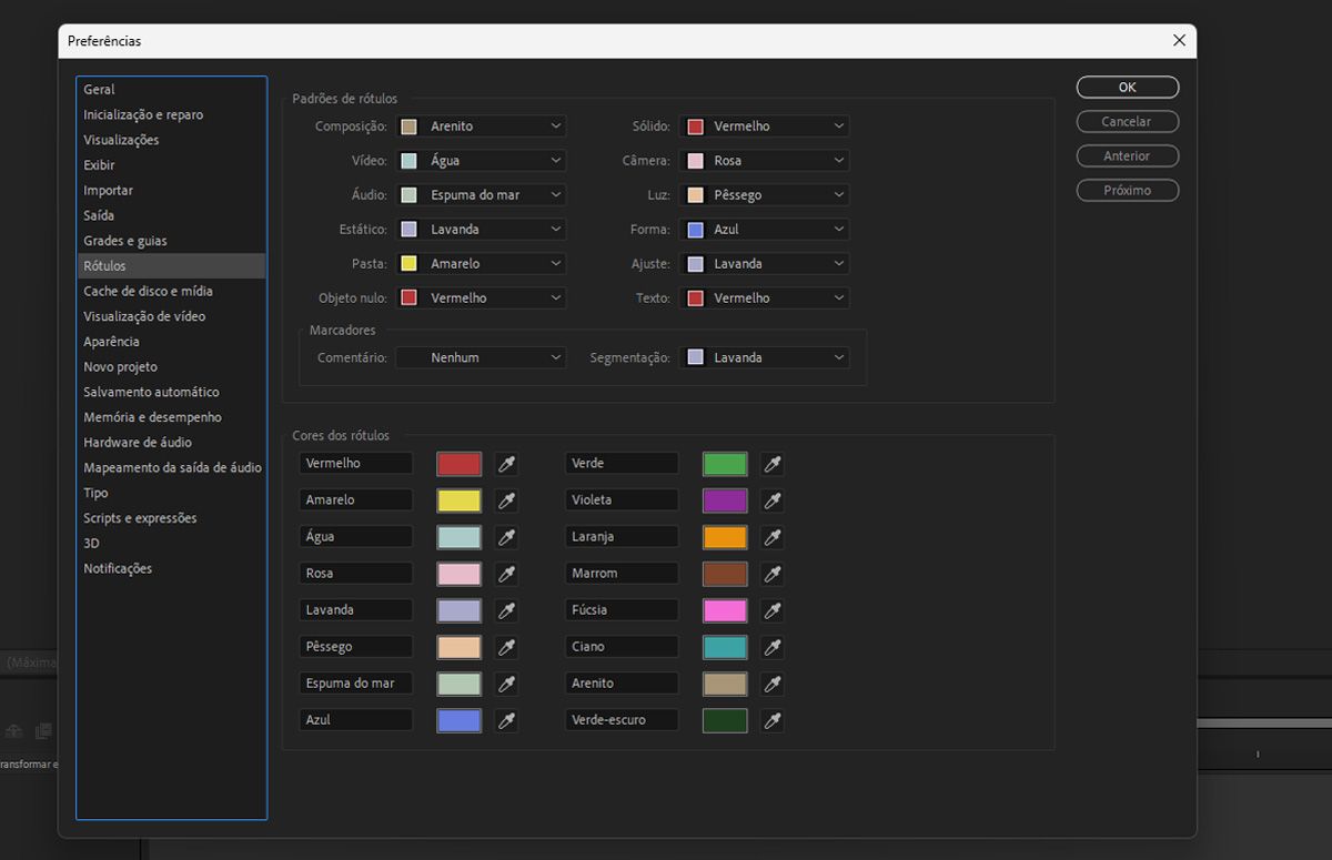 A caixa de diálogo Preferências é aberta com diferentes seções, como Padrões de rótulo, Marcadores e Cores de rótulo. Todas as cores dos rótulos são listadas com amostras de cores próximas a elas.