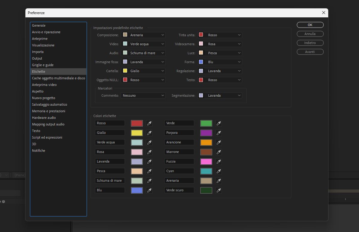 La finestra di dialogo Preferenze è aperta e presenta diverse sezioni, come Impostazioni predefinite etichetta, Marcatori e Colori etichetta. Tutti i colori delle etichette sono elencati con i campioni di colore accanto.