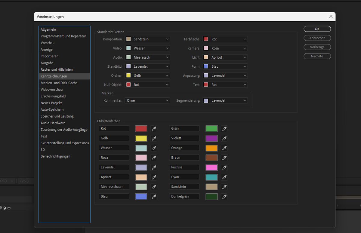 Das Dialogfeld Voreinstellungen ist geöffnet und verschiedene Abschnitte werden angezeigt, z. B. Standardetiketten, Marken und Kennzeichnungsfarben. Alle Kennzeichnungsfarben werden gemeinsam mit den jeweiligen Farbfeldern angezeigt.