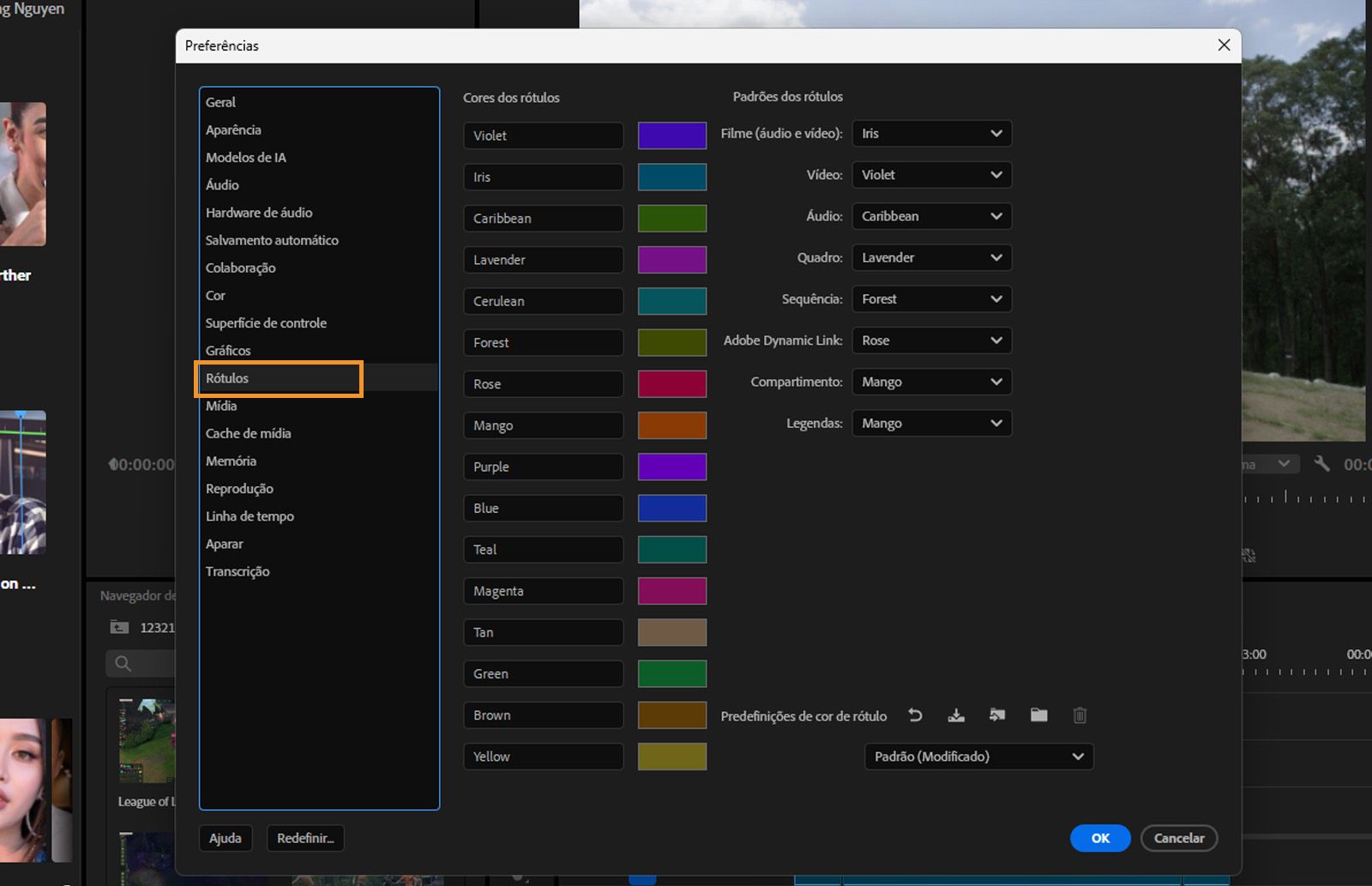 A caixa de diálogo Preferências aberta, a opção Rótulos realçada e o painel Rótulos com opções para personalizar as cores dos rótulos.