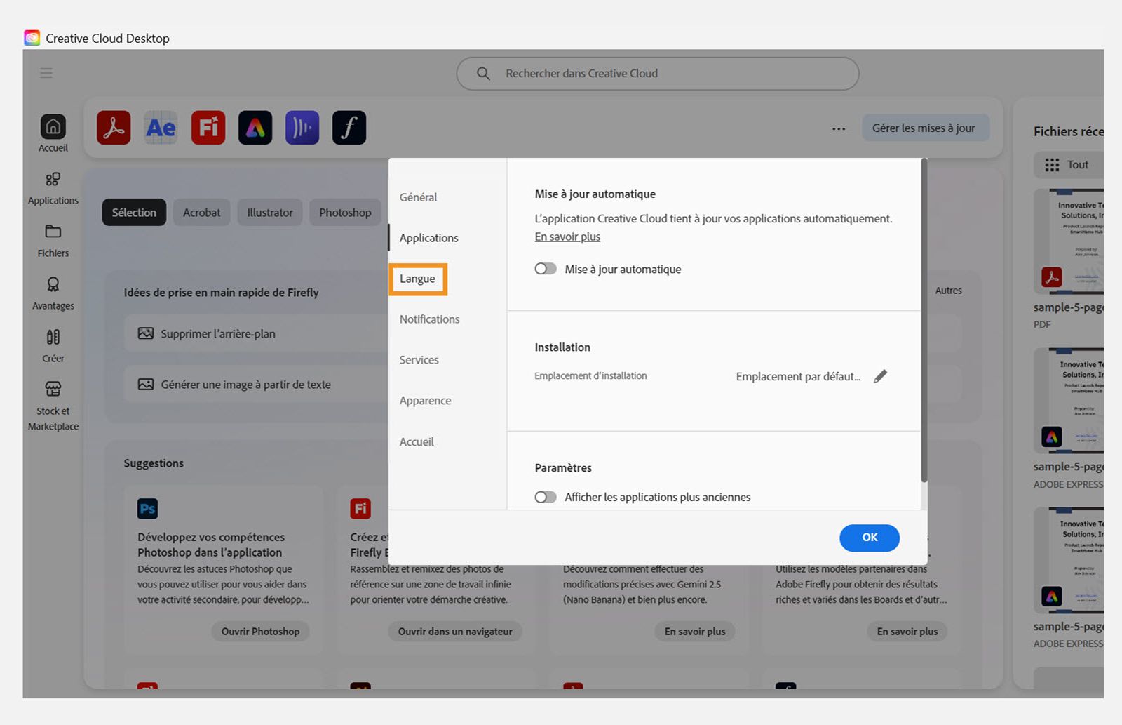 La section Langue des Préférences Creative Cloud affiche le paramètre de langue d'installation par défaut des applications.