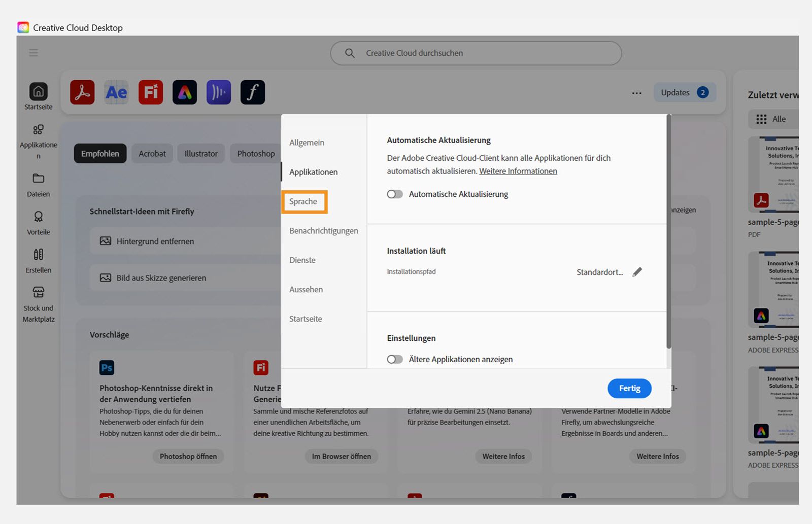 Im Abschnitt „Sprache“ der Creative Cloud-Einstellungen wird die bei der Installation der App festgelegte Standardsprache angezeigt.
