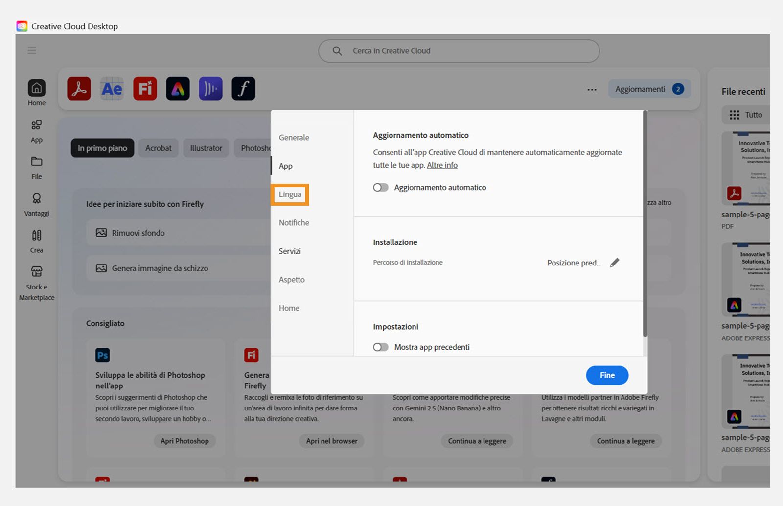 La sezione Lingua di Creative Cloud Preferences visualizza l'impostazione predefinita della lingua di installazione dell'app.