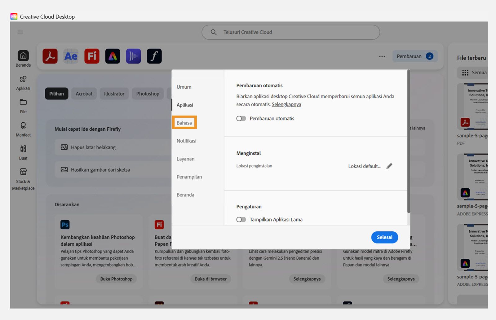 Bagian Bahasa di Preferensi Creative Cloud menampilkan pengaturan bahasa instalasi aplikasi default.