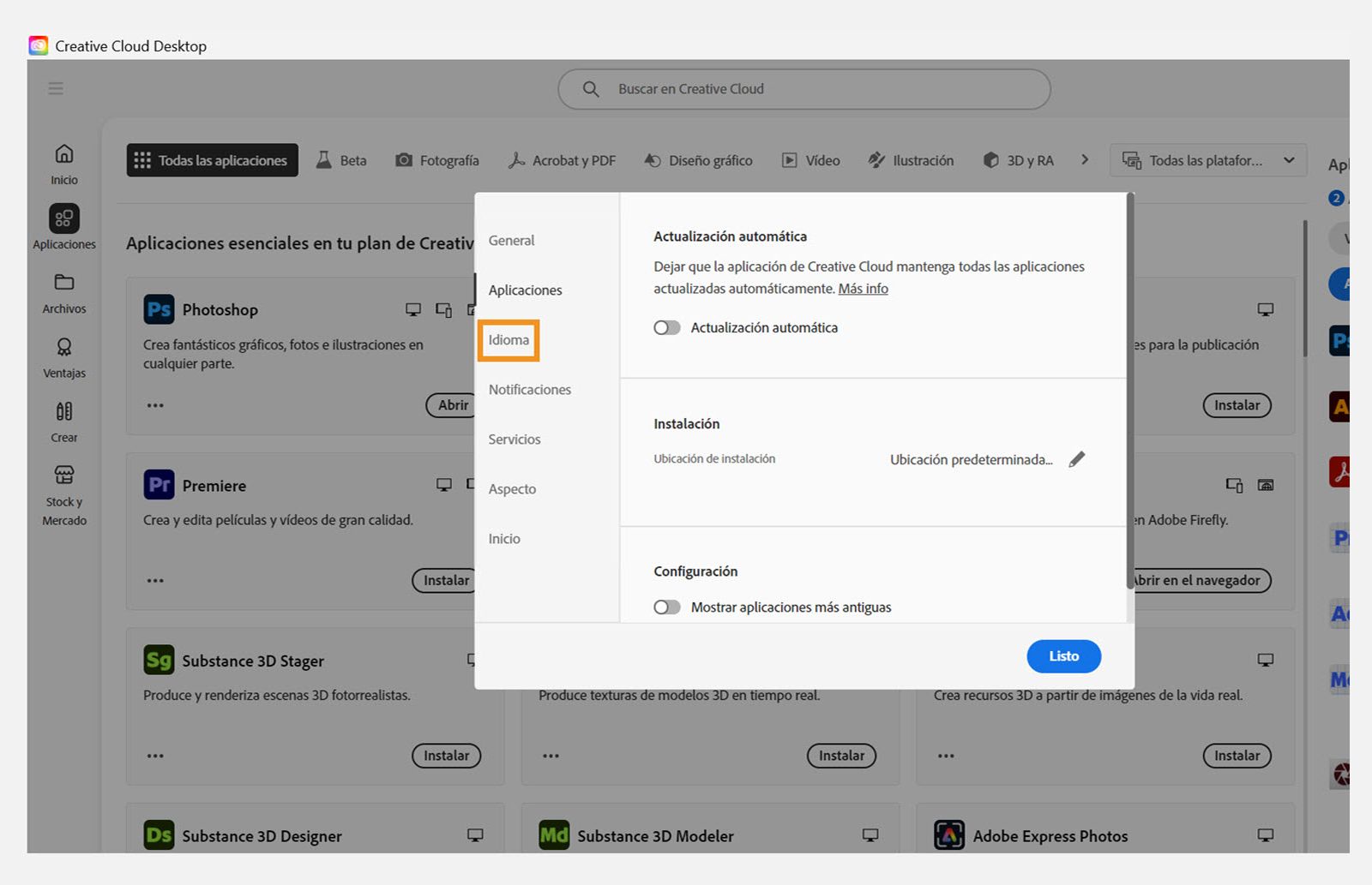 La sección de idioma de Preferencias de Creative Cloud muestra la configuración de idioma predeterminado para la instalación de aplicaciones.