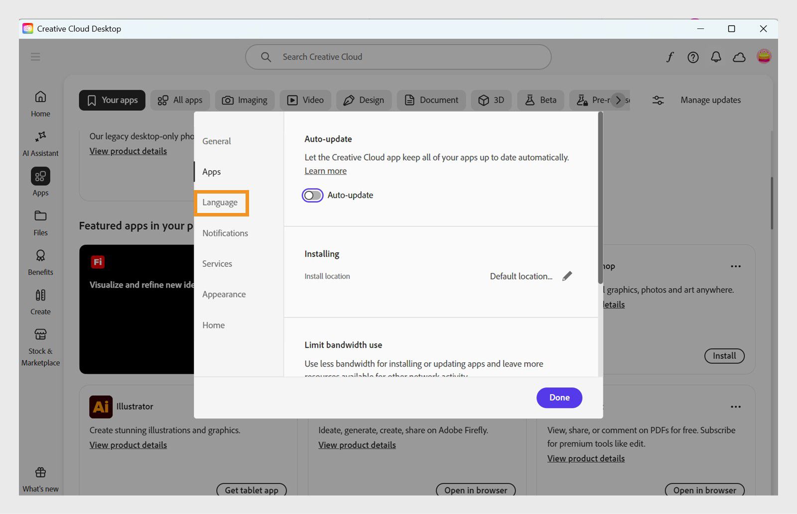 V razdelku »Jezik« v preferencah Creative Cloud je prikazana privzeta nastavitev jezika za namestitev programov.