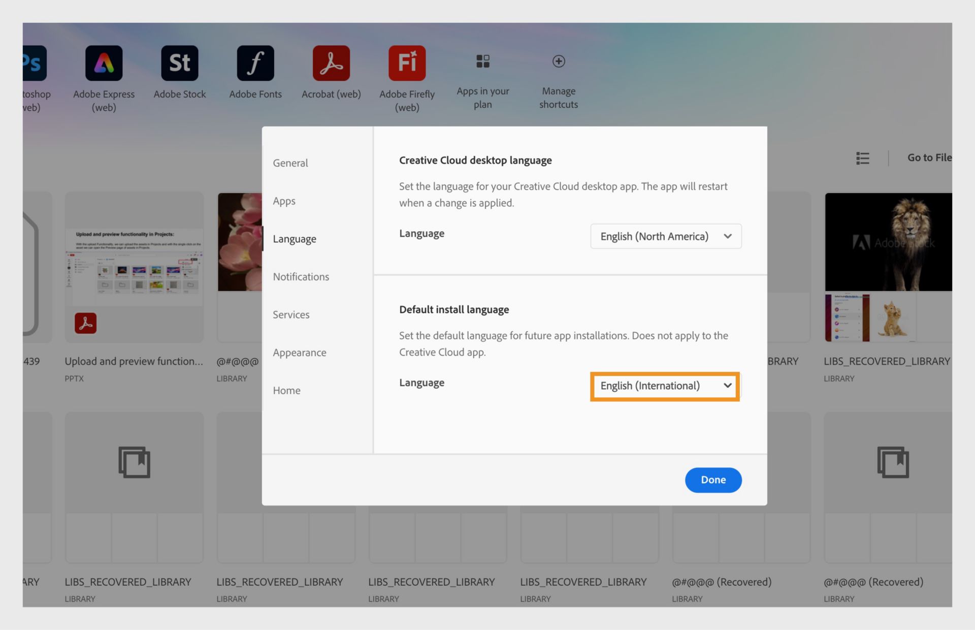 نافذة تفضيلات Adobe Creative Cloud تعرض خيارات لتحديد لغة سطح مكتب Creative Cloud ولغة التثبيت الافتراضية، مع تحديد اللغة الإنجليزية.