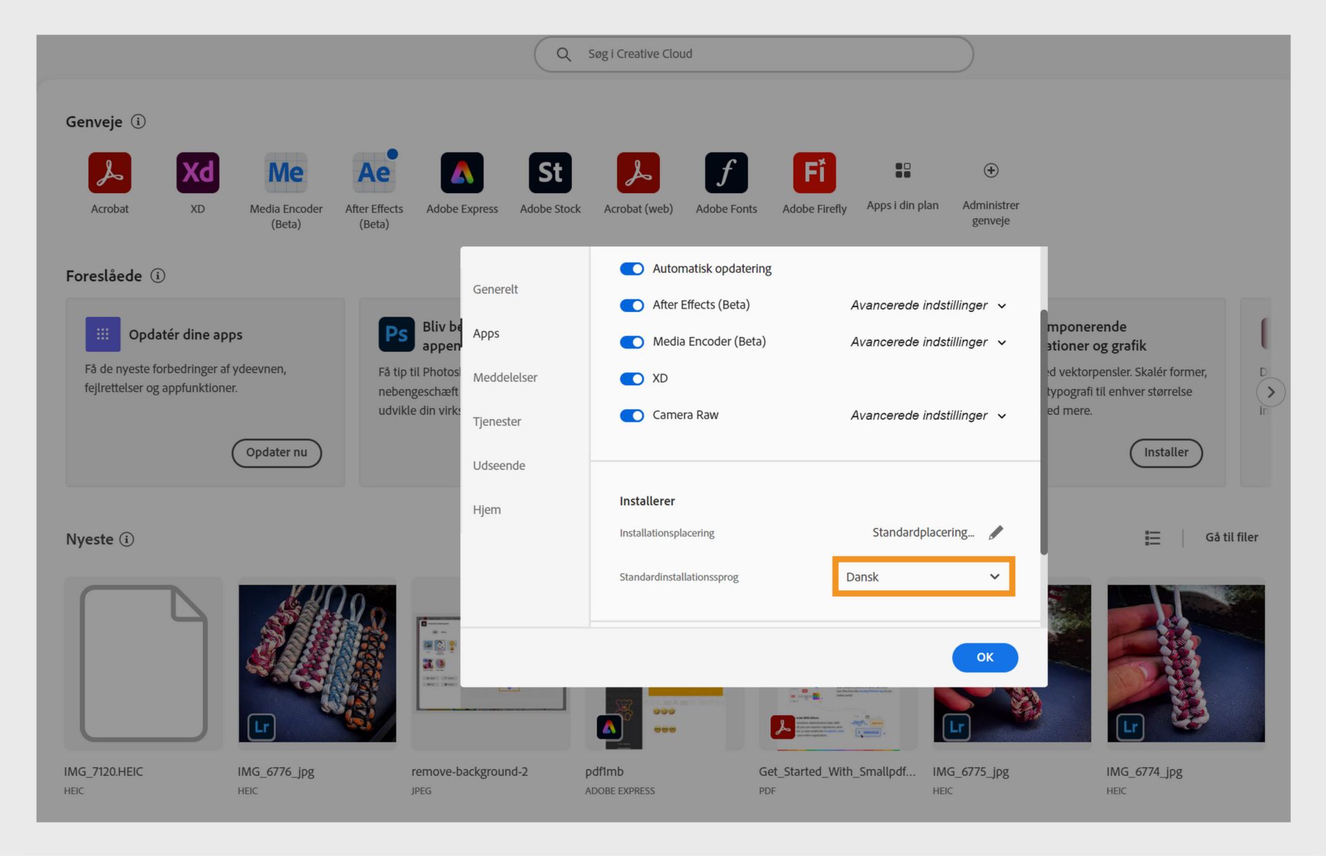 Vinduet Præferencer i Adobe Creative Cloud, der viser muligheder for at vælge sprog og standardinstallationssprog for Creative Cloud til computer, hvor engelsk er valgt.