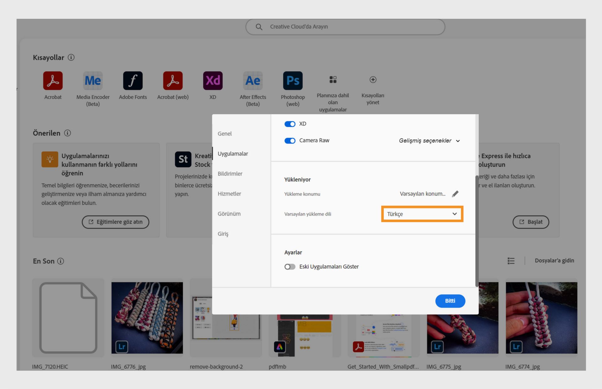 Creative Cloud masaüstü dilini ve varsayılan yükleme dilini seçme seçeneklerini gösteren Adobe Creative Cloud tercihleri penceresinde, İngilizce seçili.