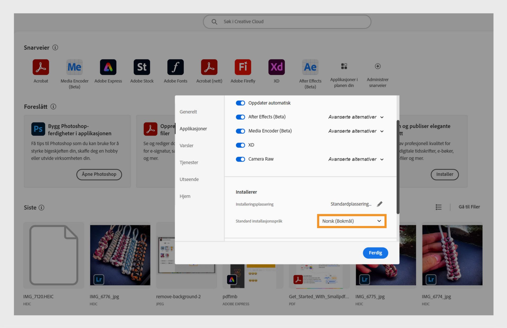 Adobe Creative Cloud-innstillingsvinduet viser alternativer for å velge språk for Creative Cloud på datamaskin og standard installasjonsspråk, med engelsk valgt.