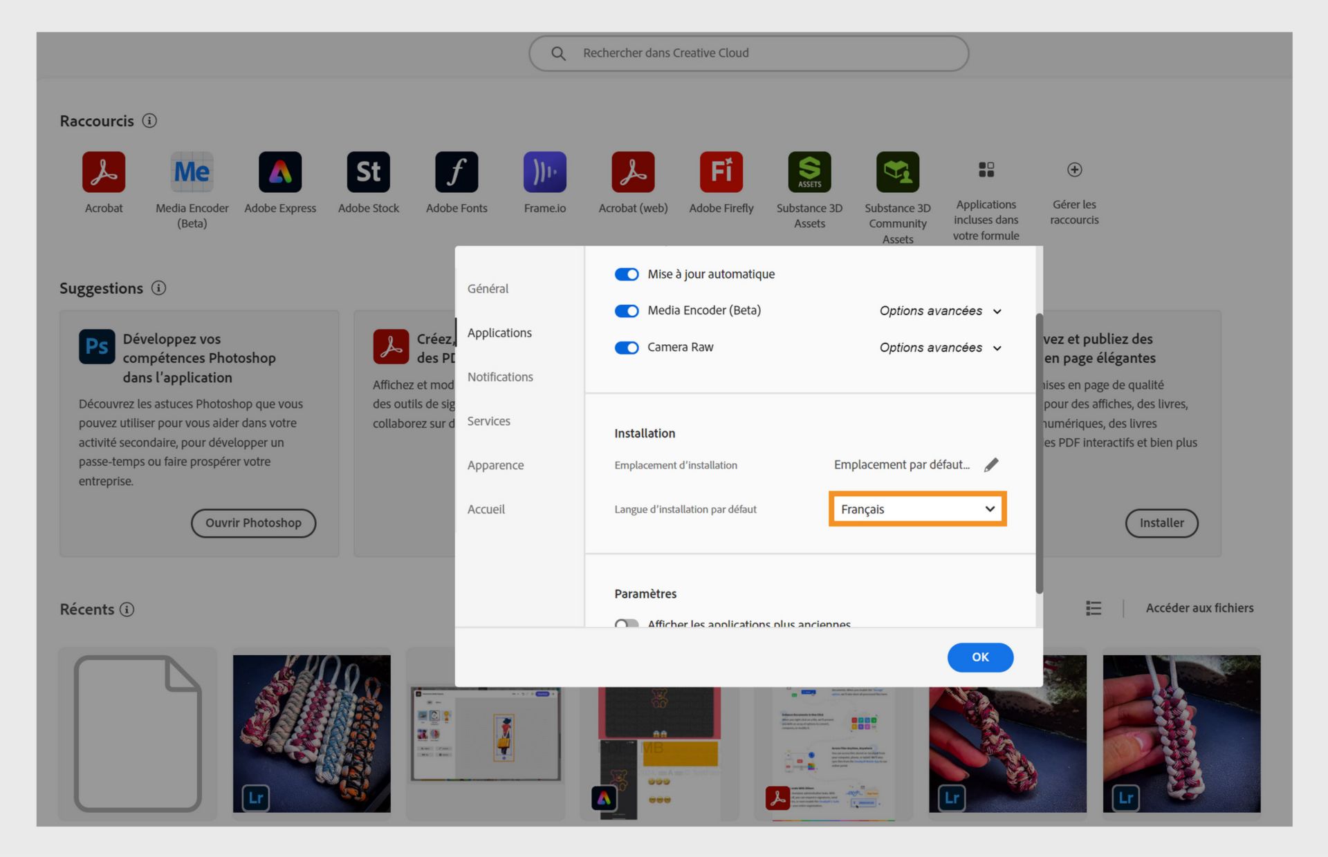 Fenêtre des préférences d'Adobe Creative Cloud affichant les options pour sélectionner la langue du Bureau Creative Cloud et la langue d'installation par défaut, avec l'anglais sélectionné.