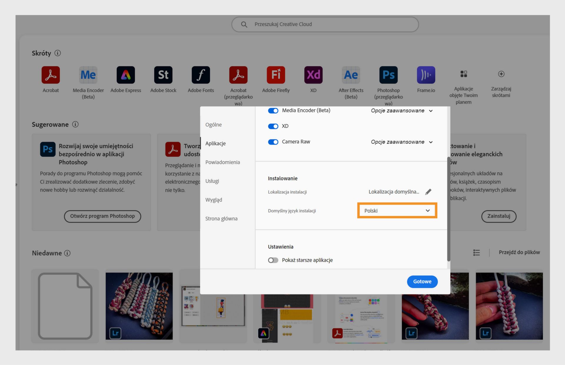 Okno preferencji Adobe Creative Cloud pokazujące opcje wyboru języka aplikacji Creative Cloud Desktop i domyślnego języka instalacji, z wybranym językiem angielskim.