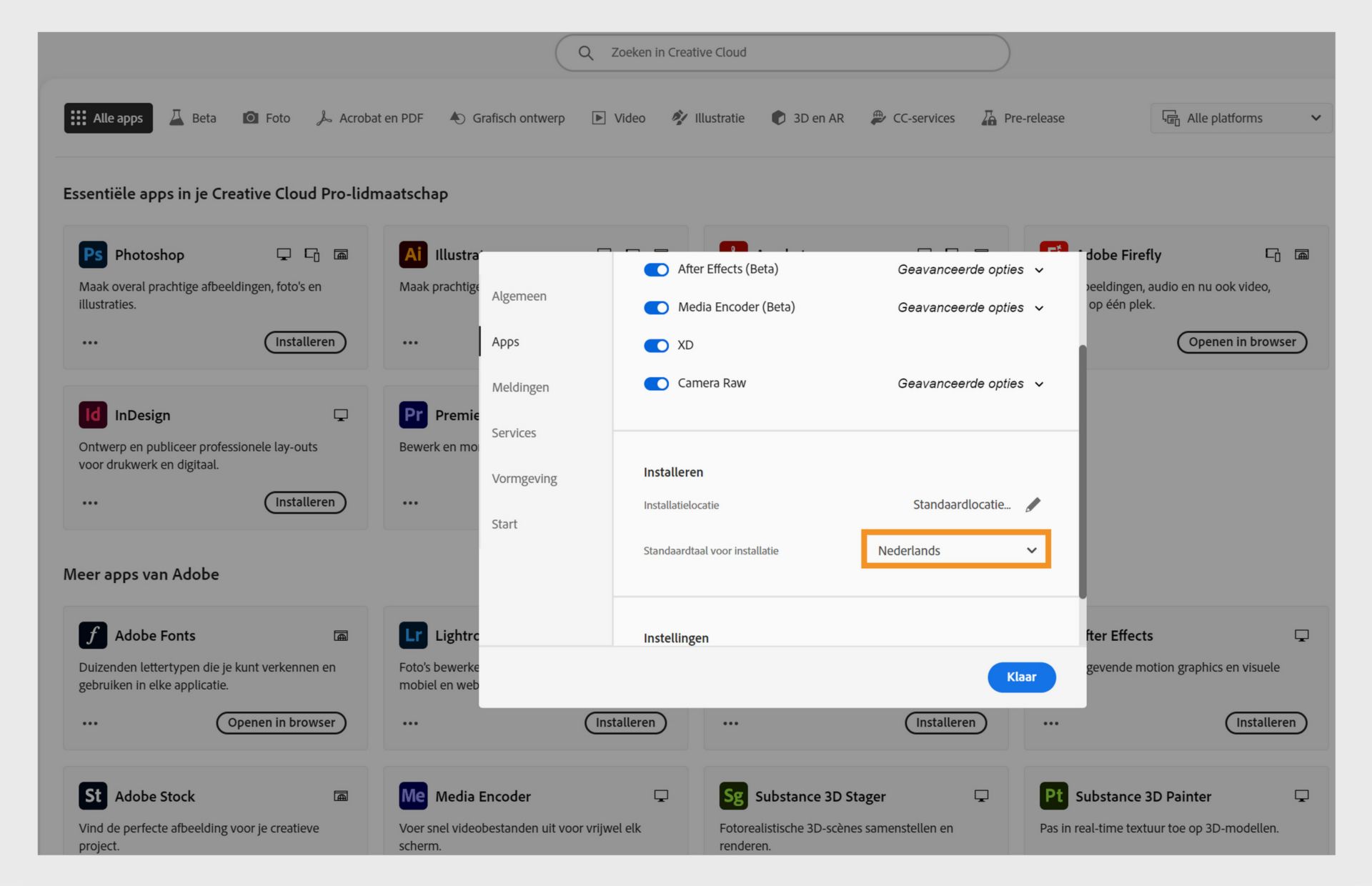 Het deelvenster Voorkeuren van Adobe Creative Cloud met opties om de taal van Creative Cloud-desktop en de standaard installatietaal te selecteren, met Engels geselecteerd.