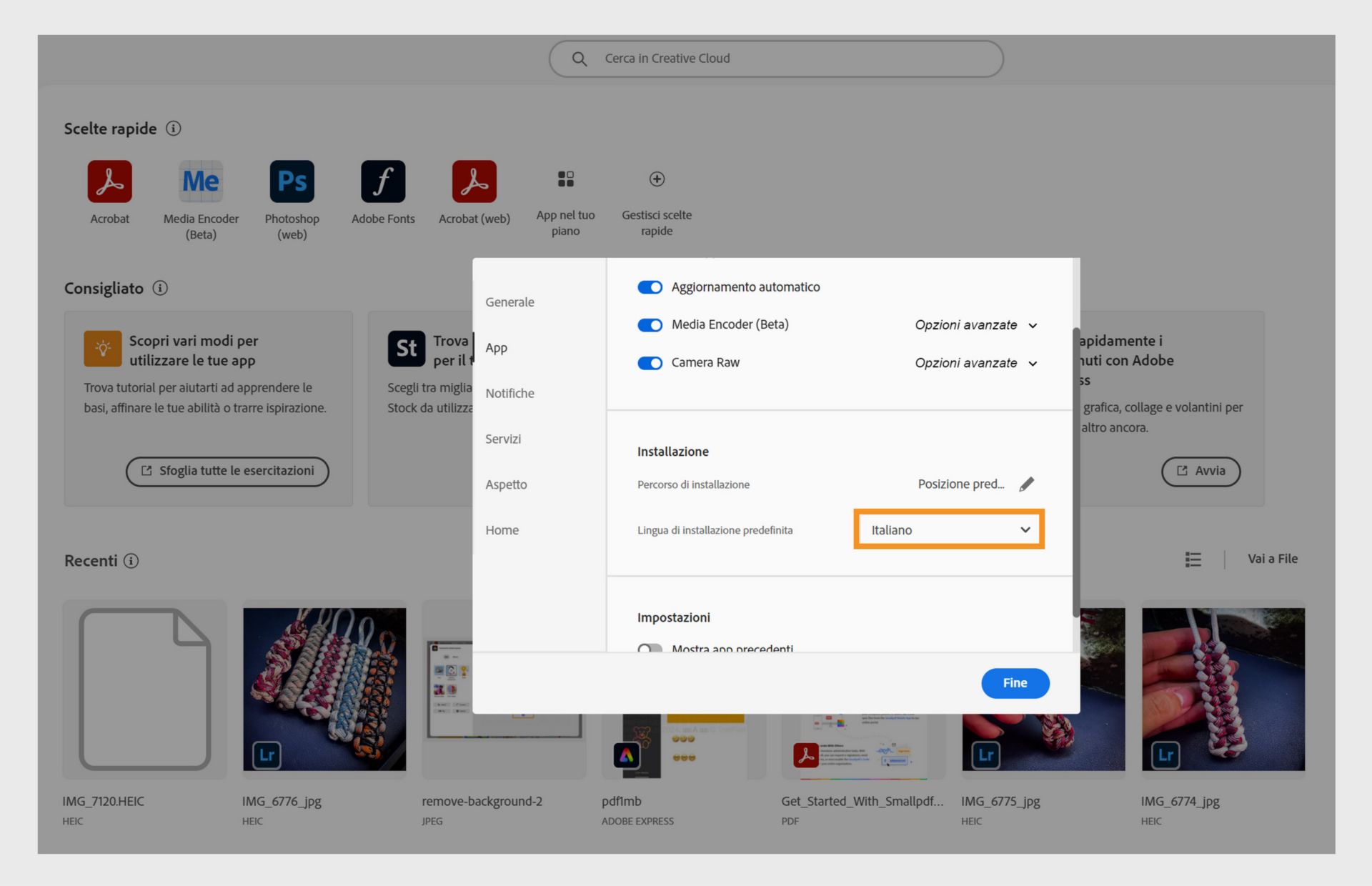 Finestra delle preferenze di Adobe Creative Cloud che mostra le opzioni per selezionare la lingua dell’app Creative Cloud e la lingua di installazione predefinita, con l’inglese selezionato.