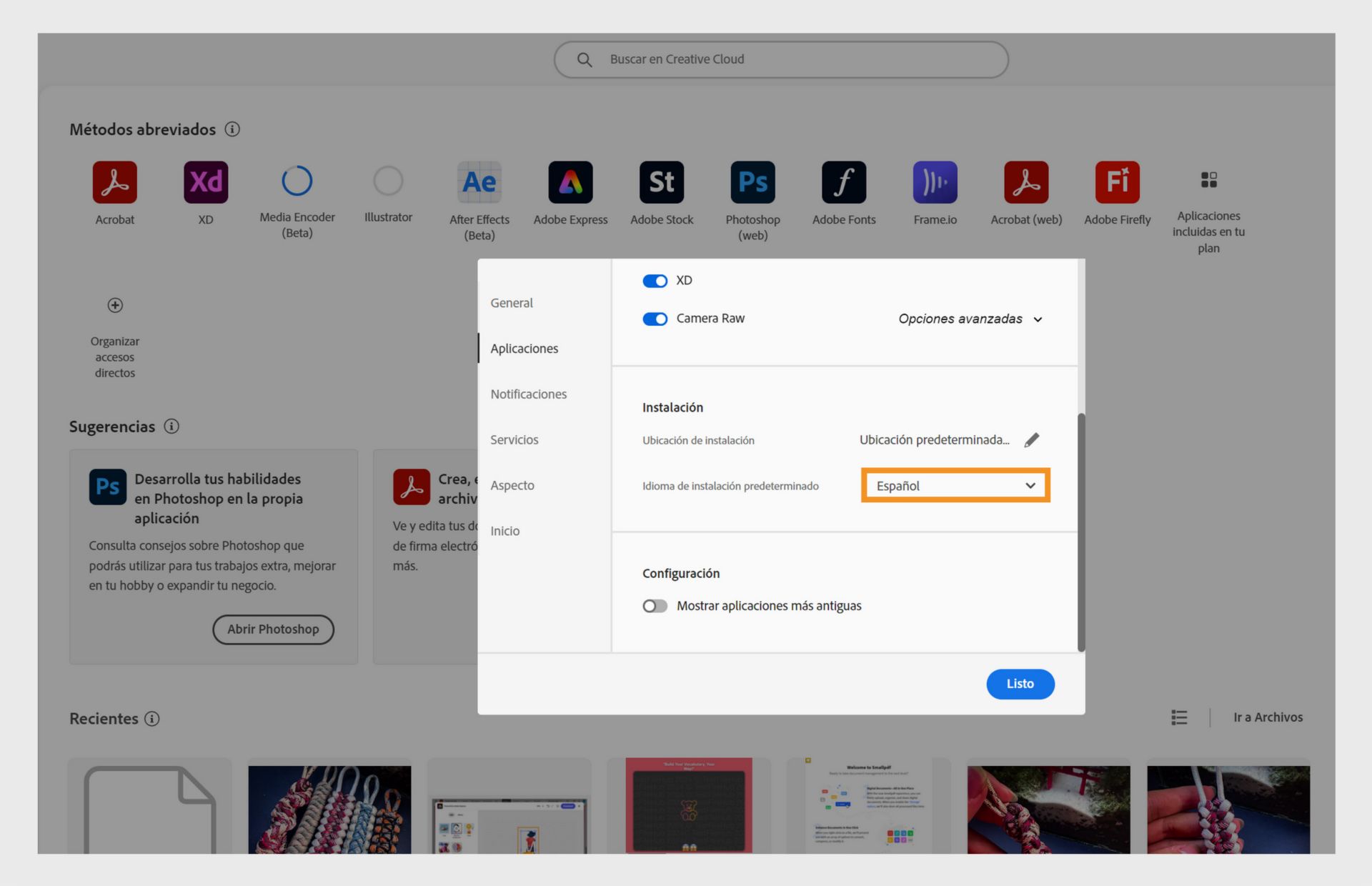 Ventana de preferencias de Adobe Creative Cloud que muestra las opciones para seleccionar el idioma de Creative Cloud para escritorio y el idioma de instalación predeterminado, con el inglés seleccionado.