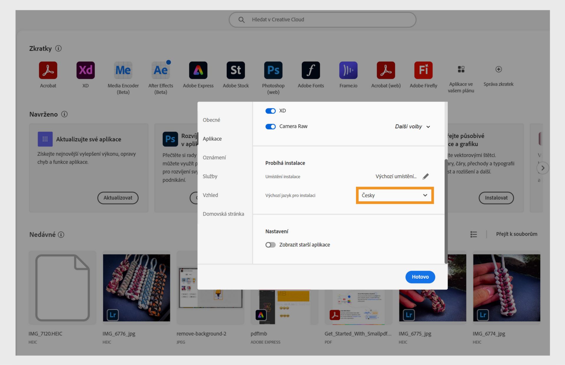 Okno předvoleb Adobe Creative Cloud zobrazující možnosti výběru jazyka aplikace Creative Cloud pro počítače a výchozího jazyka instalace s vybranou angličtinou.
